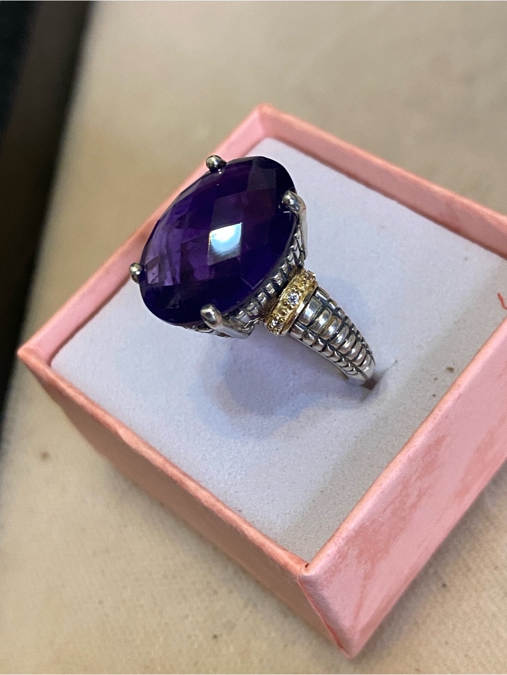 Sterling Silver Purple Amethyst 14K Gold Accent Ring Size 7